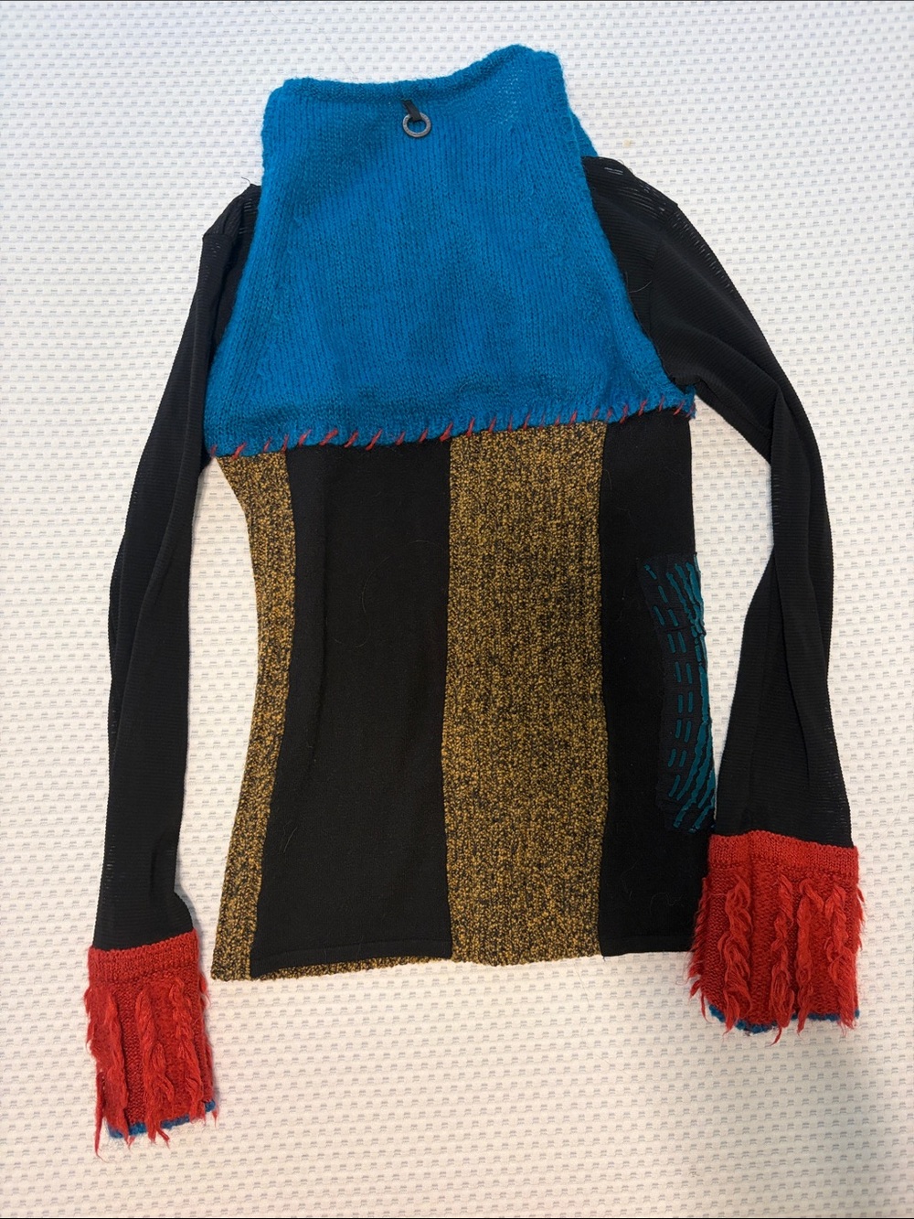Save The Queen Blue, Black & Red Patchwork Crewneck Sweater with mesh sleeves - Picture 6 of 7
